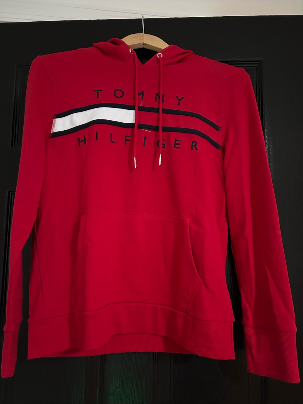 Tommy Hilfiger Red Pullover Hoodie with Signature Stripe